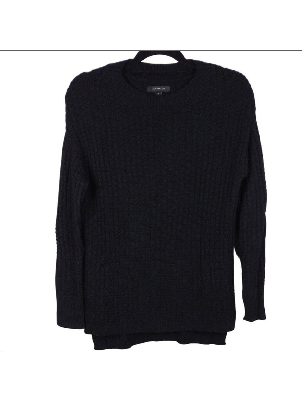 Ann Taylor Black Wool Blend Crewneck Long Sleeve Ribbed Knit Tunic Sweater Top